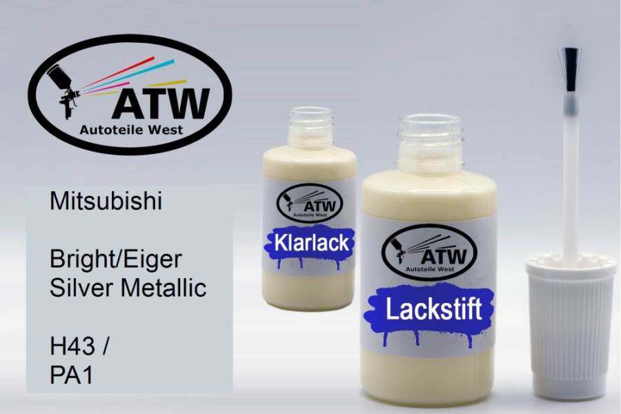 Mitsubishi, Bright/Eiger Silver Metallic, H43 / PA1: 20ml Lackstift + 20ml Klarlack - Set, von ATW Autoteile West.